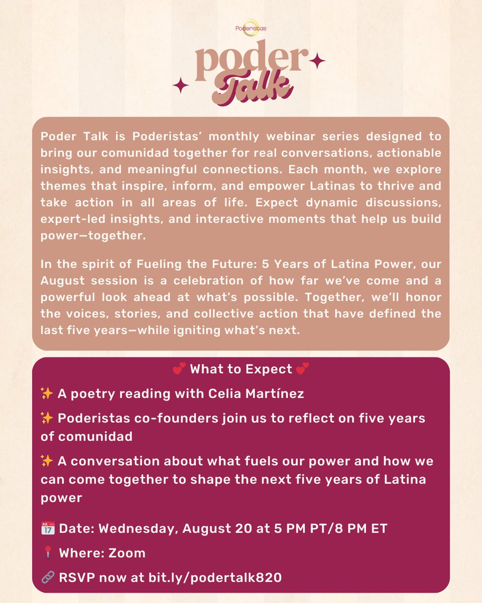 poderistas's tweet image. Five years ago, #Poderistas launched with a big vision: to celebrate Latina culture and harness our collective power. This National #LatinaDay, we’re honoring how far we’ve come.

📅 Tuesday, August 20
⏰ 5PM PT | 8PM ET
🔗 RSVP now: bit.ly/podertalk820
