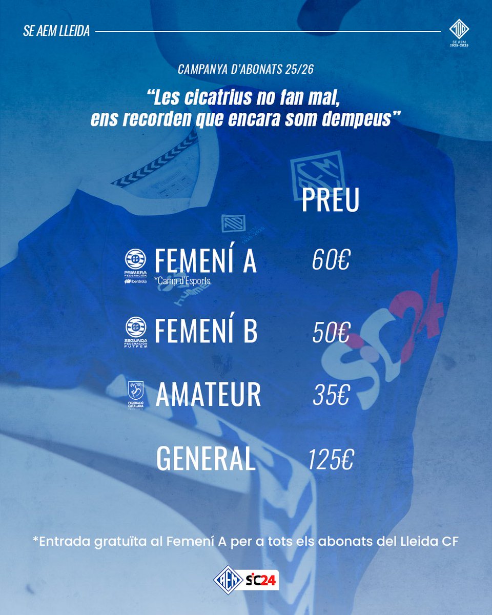 SEAEM_1925's tweet photo. 𝘾𝘼𝙈𝙋𝘼𝙉𝙔𝘼 𝘿’𝘼𝘽𝙊𝙉𝘼𝙏𝙎 𝟮𝟱/𝟮𝟲

Aquest any volem sentir-te encara més a prop. Siguis on siguis, hi ha un abonament fet per a tu:

🎟 Femení A → 60€
🎟 Femení B → 50€
🎟 Amateur → 35€ 
🎟 General → 125€ https://t.co/WAgOvXlawB