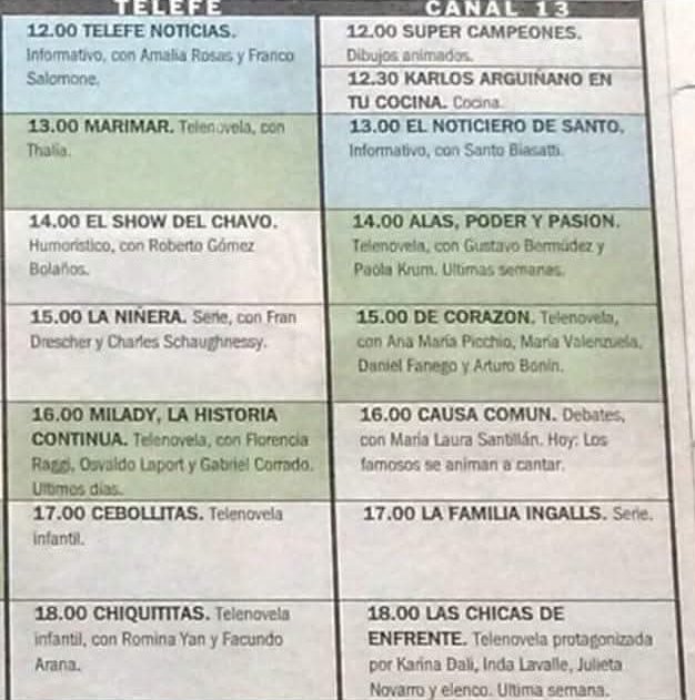 Un día cualquiera de 1998 en Telefe: Marimar, el Chavo, la niñera, Cebollitas, Chiquititas...

Del otro lado en Canal 13: Super campeones, Karlos Arguiñano, la Familia Ingalls... Y más