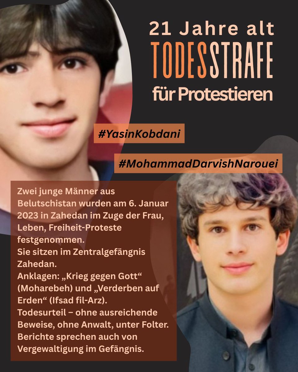 Iran: TODESURTEILE FÜR ZWEI JUNGE BELUTSCHEN
Die Verhängung der Todesurteile gegen #MohammadDarvishNarouei und #YasinKobdani, zwei 21-jährige Jugendliche aus Belutschistan, die während der Proteste 2022 festgenommen wurden, schmerzt das Herz jedes freiheitsliebenden Menschen.