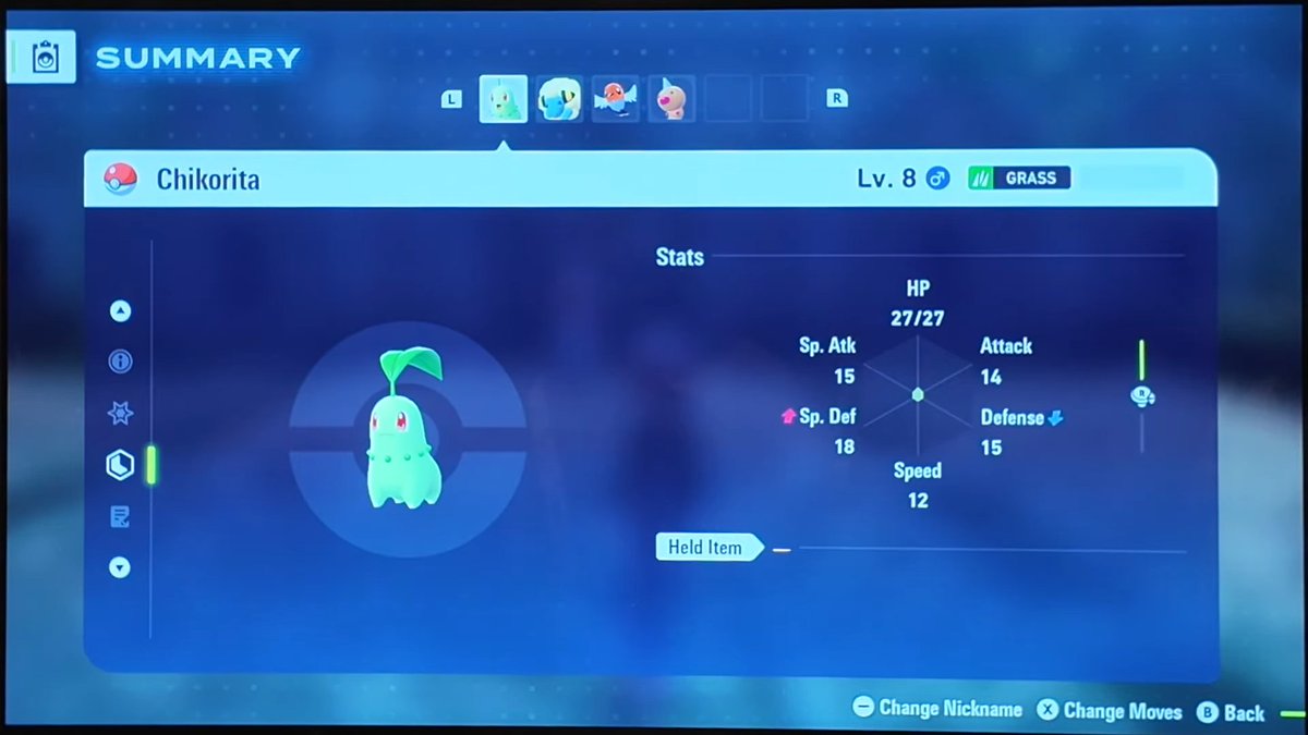 PLDHnet's tweet image. Here&apos;s Pokémon Legends Z-A&apos;s party screen. Your Pokémon&apos;s size is shared on its profile! Your starter, for instance, comes at a medium/average size. The game doesn&apos;t have abilities, but held items and natures do return.