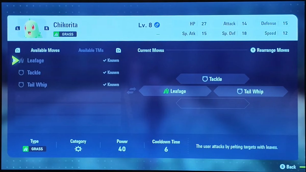 Here's Pokémon Legends Z-A's party screen. Your Pokémon's size is shared on its profile! Your starter, for instance, comes at a medium/average size. The game doesn't have abilities, but held items and natures do return.