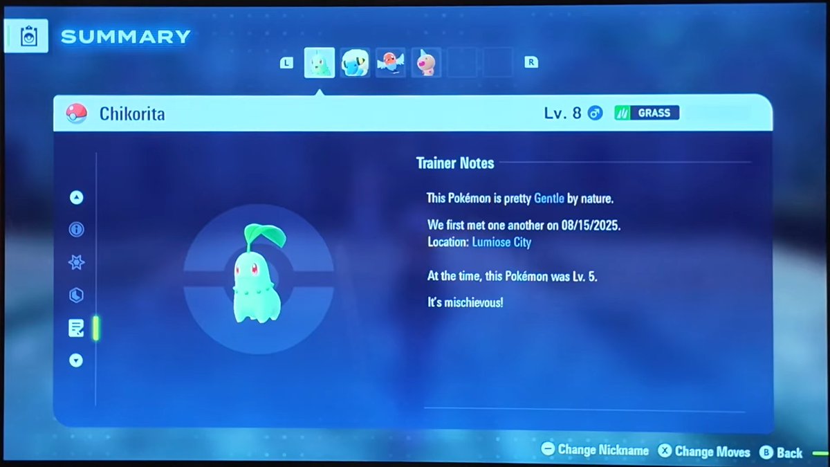 PLDHnet's tweet image. Here&apos;s Pokémon Legends Z-A&apos;s party screen. Your Pokémon&apos;s size is shared on its profile! Your starter, for instance, comes at a medium/average size. The game doesn&apos;t have abilities, but held items and natures do return.