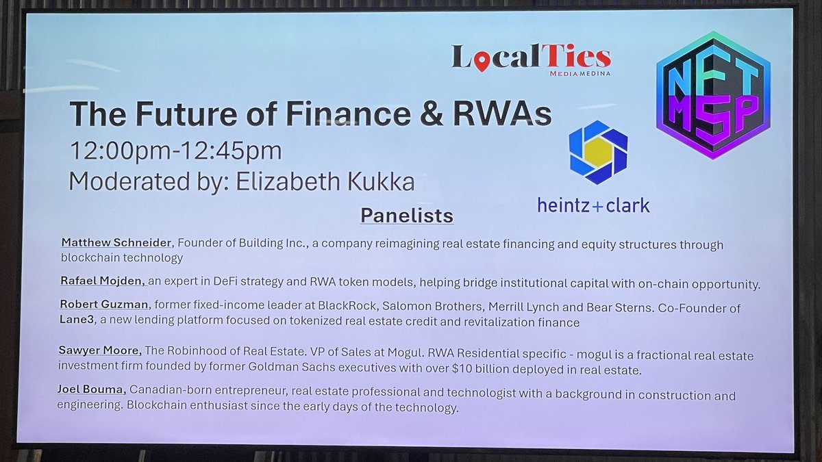 <a href="/brandonferdig/">Brandon Ferdig</a> <a href="/Heintz_ClarkLtd/">Heintz & Clark, Ltd.</a> <a href="/512mace/">Mason Lynaugh</a> <a href="/standwithcrypto/">Stand With Crypto🛡️</a> [PANEL] The Future of Finance &amp; RWAs

• <a href="/mattschneid3r/">Matthew A. Schneider</a> / <a href="/BuildingInc/">Building, Inc</a>
• Rafael Mojden / #DeFi &amp; #RWA Expert
• Robert Guzman / Lane3.xyz
• Sawyer Moore / <a href="/mogul__club/">mogul Club</a> 

Moderator: Chris Pederson / <a href="/EgonautsNFT/">The Order of the Egonauts vs Monsters & Villains</a> 

Tokenized #RealEstate (#RWAs) is biggest