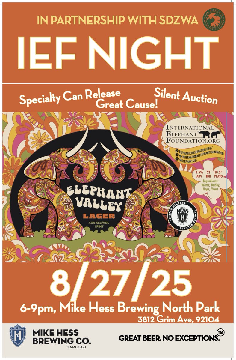 IntlElephantFoundatn (@elephantsief) on Twitter photo Elephant Night at Mike Hess Brewing North Park! August 27!
Our supporters at <a href="/sdzsafaripark/">San Diego Zoo Safari Park</a> are hosting a BREW Off event with a *LIVE PAINTING DEMO BY STEPHEN FISHWICK <a href="/stephenfishwick/">Stephen A Fishwick</a>, limited edition specialty can release, silent auction, & more!
MIKE HESS BREWING Elephant Night at Mike Hess Brewing North Park! August 27!
Our supporters at <a href="/sdzsafaripark/">San Diego Zoo Safari Park</a> are hosting a BREW Off event with a *LIVE PAINTING DEMO BY STEPHEN FISHWICK <a href="/stephenfishwick/">Stephen A Fishwick</a>, limited edition specialty can release, silent auction, & more!
MIKE HESS BREWING