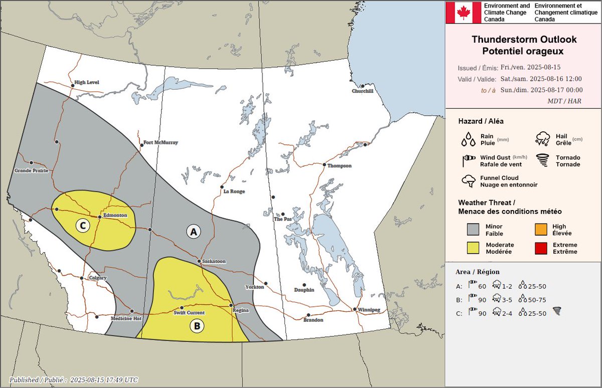 MorganLaidler's tweet photo. Saturday’s thunderstorm outlook.

👀

#yegwx #abstorm #skstorm #mbstorm https://t.co/bWINFBO6xy