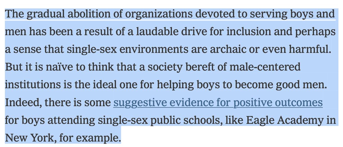 BradWilcoxIFS's tweet image. While push to abolish single-sex institutions arose from "laudable drive for inclusion", NYT oped by Robert Putnam &amp;amp; @RichardvReeves admits it is now time to revive "male-centered institutions" to confront today's "boy crisis."