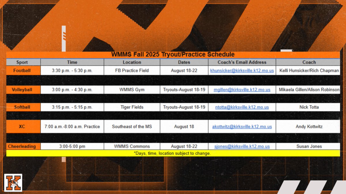 We've had a great week full of HS tryouts/practices! Next week kicks off the MS tryouts and practices. See the times and info below! #gotigers