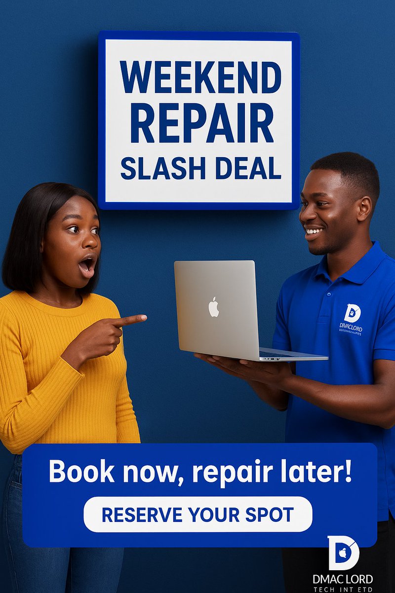 D_mac_lord's tweet photo. WEEKEND ONLY! 📢
Your iPhone, MacBook, or iPad deserves VIP treatment and this weekend, it’s getting it for less. 💙✨

📅 Book now, repair later spots are disappearing faster than your battery at 1%!

🔗 

#DMacLord #MacRepair #AppleFixNG #weekendmood #BBNajaS10 #BBNaijaUpdates https://t.co/wFN4sTWehi