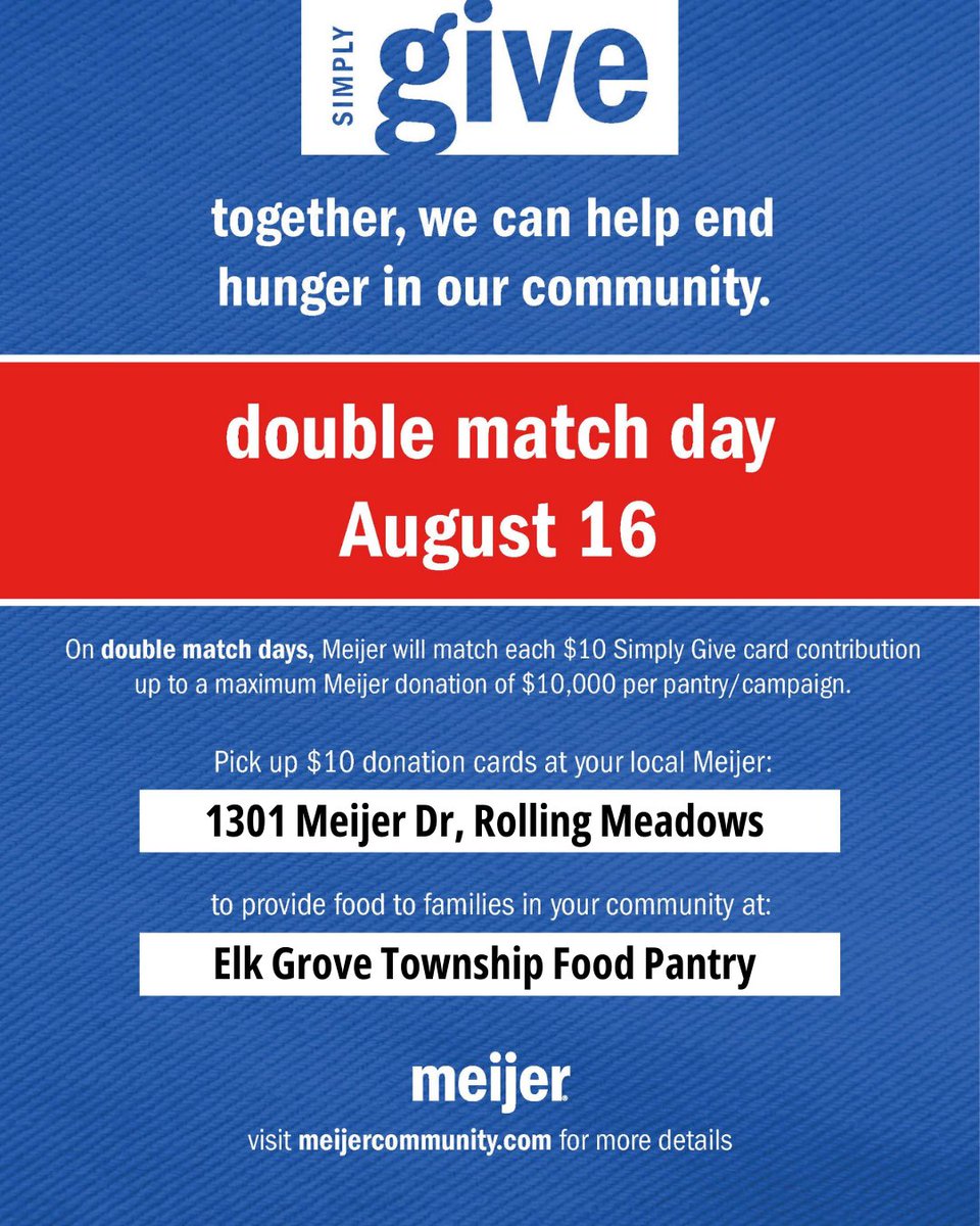 It’s DOUBLE MATCH DAY tomorrow for #MeijerSimplyGive food donation cards at the Rolling Meadows Meijer! (1301 Meijer Dr, Rolling Meadows)

Add a $10 card to your cart or basket and Meijer will double match it with $20 to make it a total of $30!

#MeijerCommunity