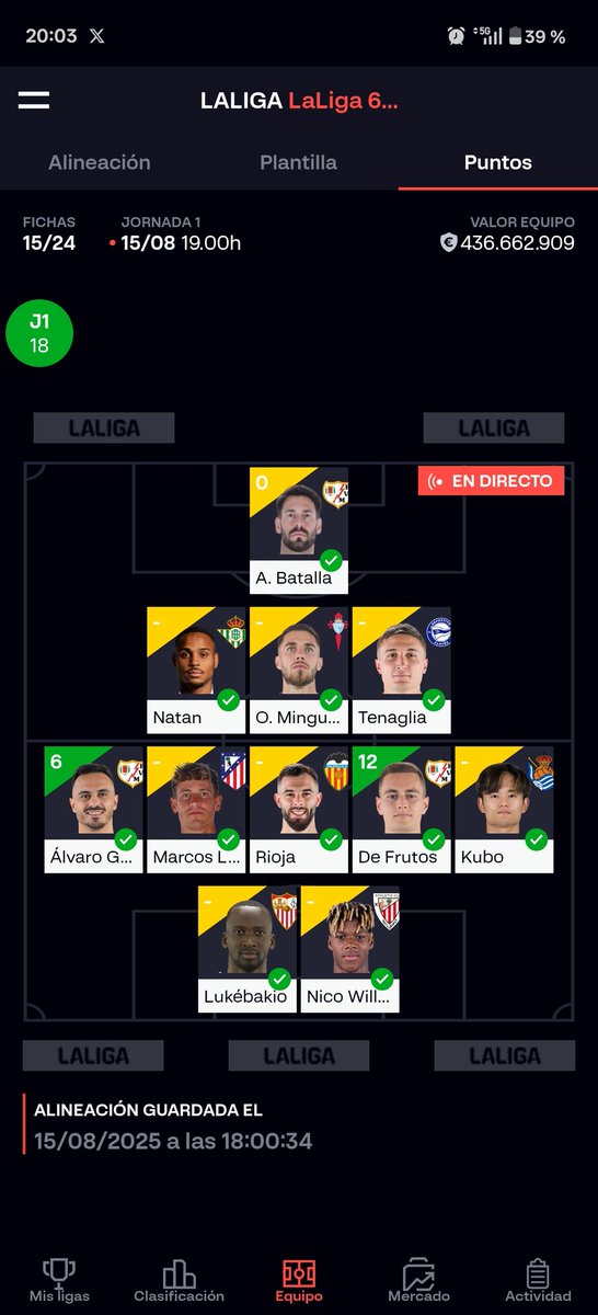ACTUALIZACIÓN: si os pasa esto no os salgáis de la liga si veis que no estáis puntuando, se me acaba de actualizar la alineación en juego (con Tenaglia y a la última hora que la guarde) no seais como yo y tened paciencia 😅