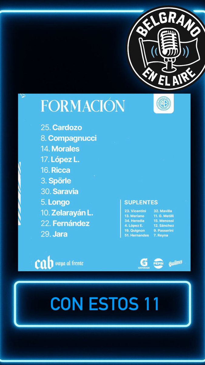 #Belgrano - CON ESTOS 11 -
Estos son los 11 titulares elegidos por Ricardo Zielinsky para el encuentro entre Belgrano y Aldosivi que se disputará a las 15:30.
#belgranoenelaire