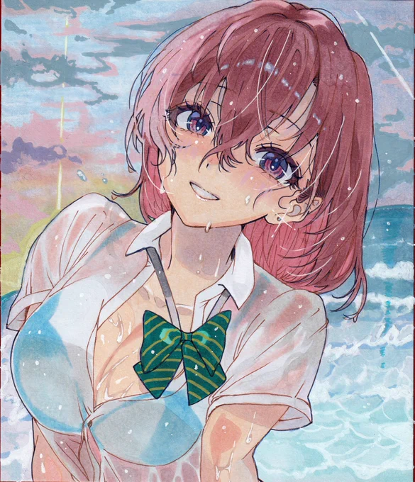 濡れ透け女の子 オリジナルイラスト色紙