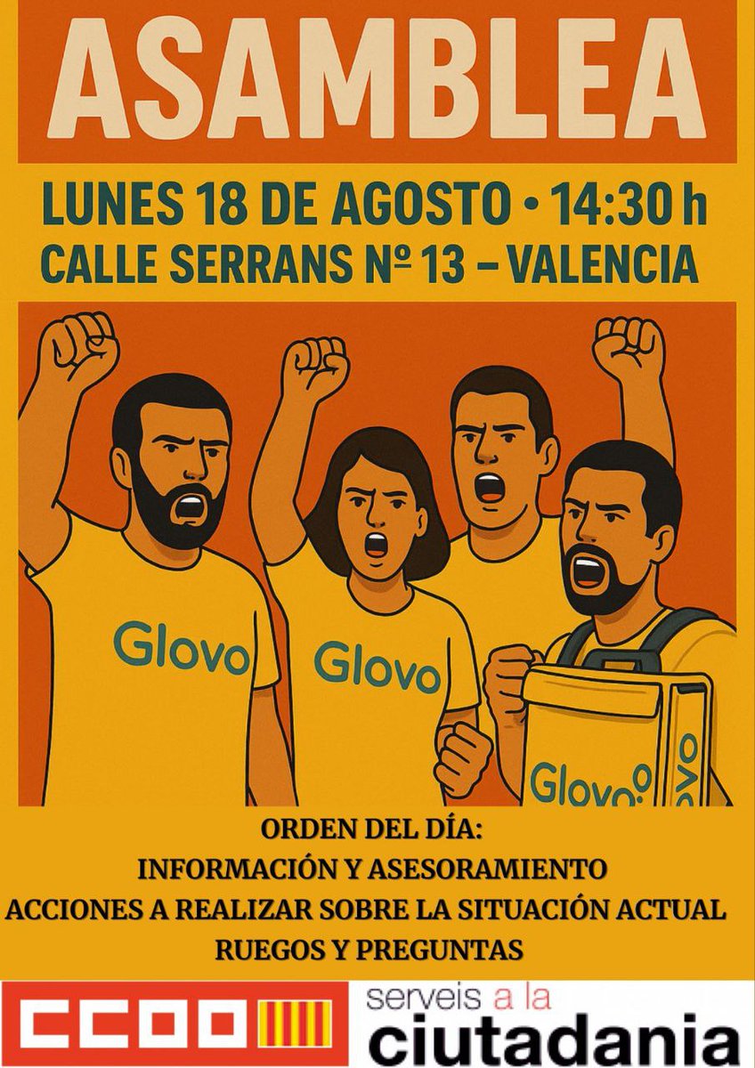 ✔️Si trabajas para Glovo y tienes dudas sobre tus condiciones de trabajo, 
💪 ACUDE a la asamblea que realizaremos el día 18.
👍#Asesórate #Organizate