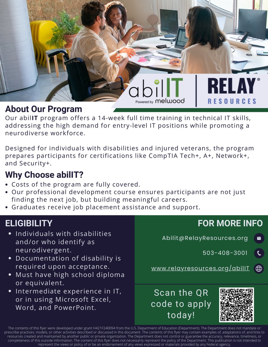 Autism Society OR (@autismsocietyor) on Twitter photo Presented by Relay Resources
abilIT
A program designed to prepare people with disabilities to enter careers in technology fields.
Free
The next cohort starts in January.
Register here: relayresources.org/abilit
Questions? Contact 503-408-3001 or Abilit@RelayResources.org Presented by Relay Resources
abilIT
A program designed to prepare people with disabilities to enter careers in technology fields.
Free
The next cohort starts in January.
Register here: relayresources.org/abilit
Questions? Contact 503-408-3001 or Abilit@RelayResources.org
