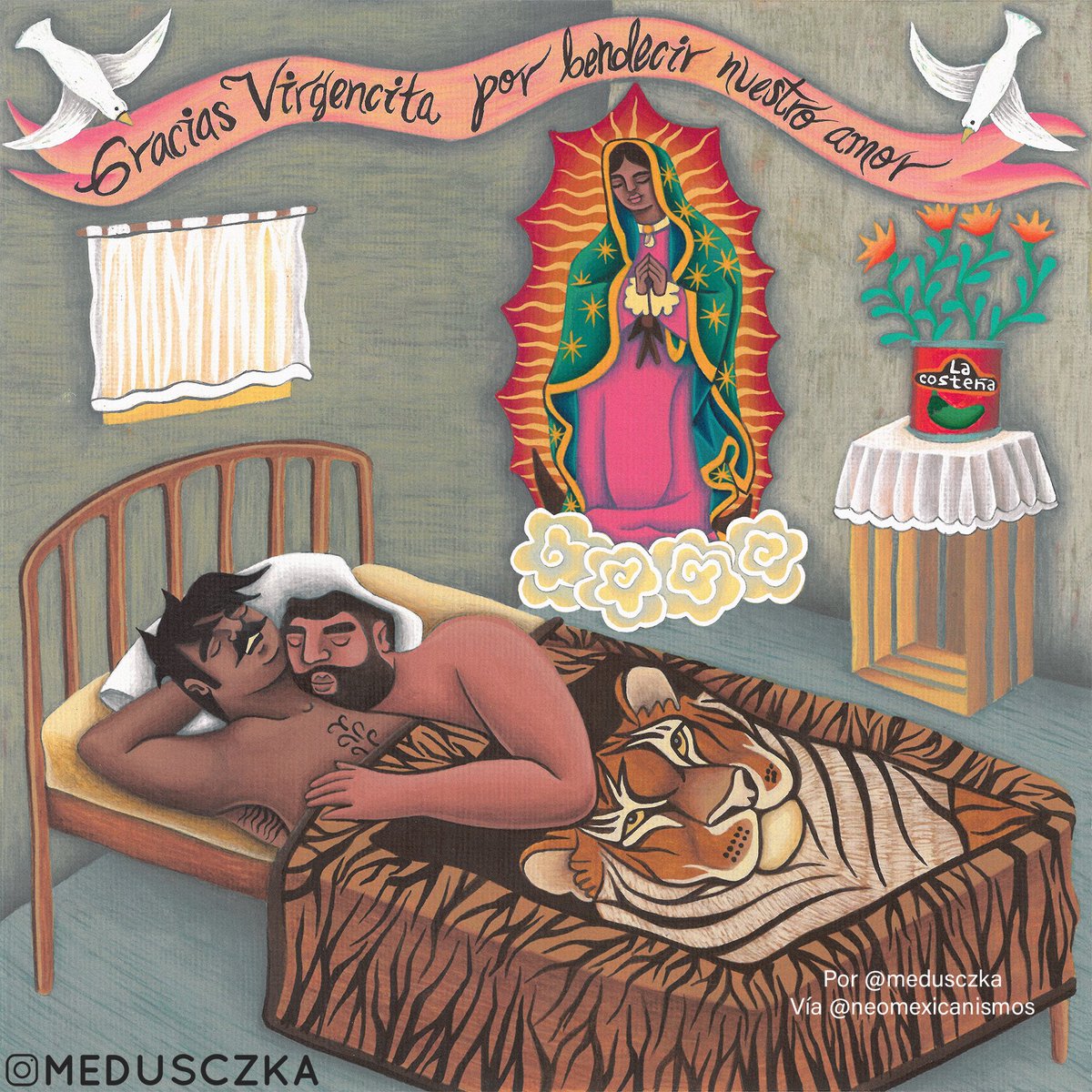 “Gracias Virgencita por bendecir nuestro amor”
Artista: <a href="/medusczka/">MEDUSCZKA</a> 

Pintura original y 25 impresos de Edición Limitada a la venta directamente con el artista. 

#neomexicanismos
