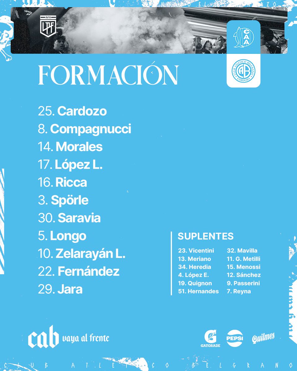 #Belgrano | Formación confirmada ✅️ para visitar a #Aldosivi, finalmente Adrian Spörle se mete en el once titular.