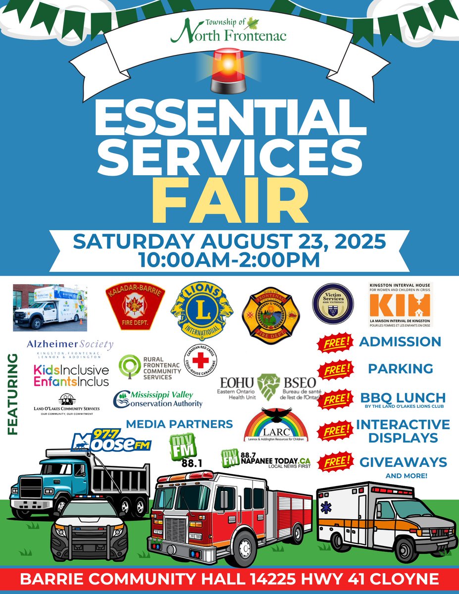 Essential Services Fair - Barrie Community Hall (14225 Hwy 41, Cloyne) - Saturday, August 23 - 10am-2pm

#northfrontenac #infrontenac