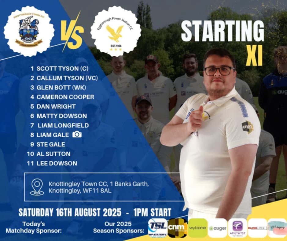 Tomorrows team against <a href="/KnottTownCC/">Knottingley Town Cricket Club</a>, 1pm start 

#UpTheEagles🦅