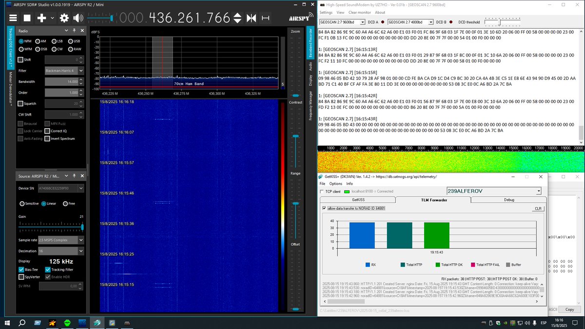 First data received 38 frames satellite 239Alferov (RS61S)  15/08/2025  19:06 UTC, Upload SatNOGS.DB. #amsat #cubesat #cubesats