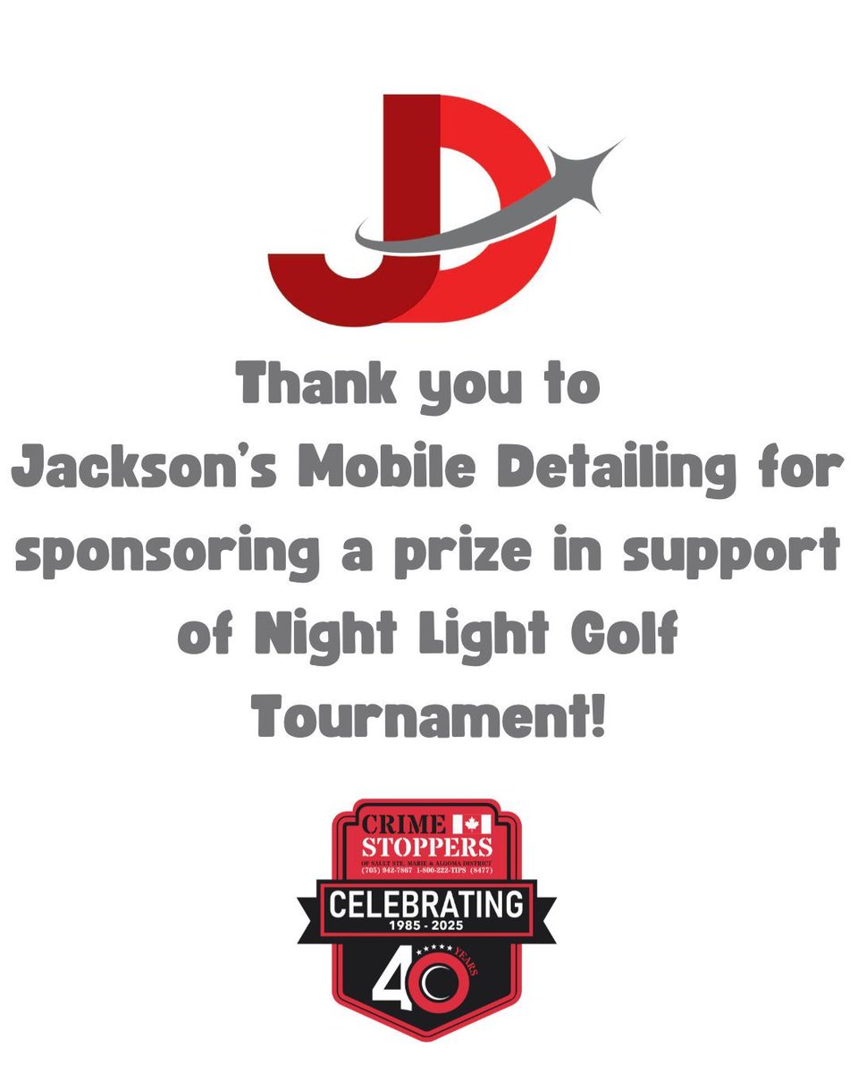 ✨🚗 Crime Stoppers would like to extend a big thank you to Jackson’s Mobile Detailing for their generous support of our Night Light Golf Tournament. We are grateful for your contribution and proud to have you on our team! 💛 #CrimeStoppersSault #CommunitySupport #ThankYou