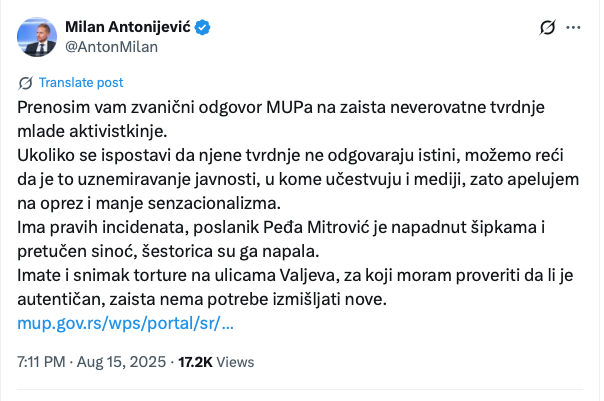PeckoPivo's tweet photo. Ako dobro razumem ovo, Milanče više veruje nasilniku nego žrtvi pretnje seksualnim nasiljem. 
Bavi se ljudskim pravima. 
Govno. https://t.co/uenRjN3bD4
