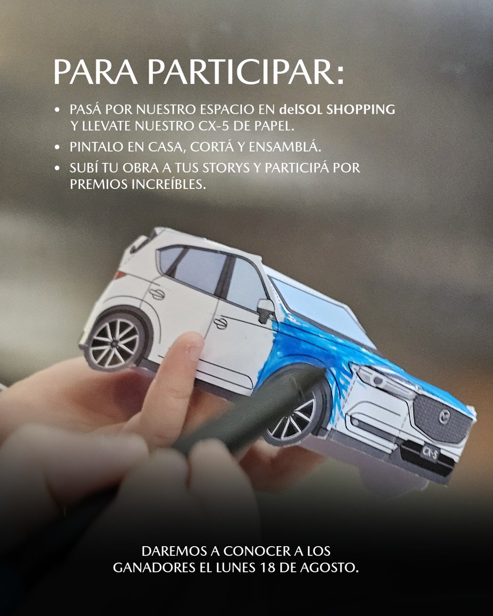 ¡Mostra tu arte y participá por premios!
Vení a nuestro espacio en delSol Shopping y llevate a tu casa nuestros C-5 de papel,  seguí los pasos y participa por regalos por la semana del niño y niña 🚗 🎨