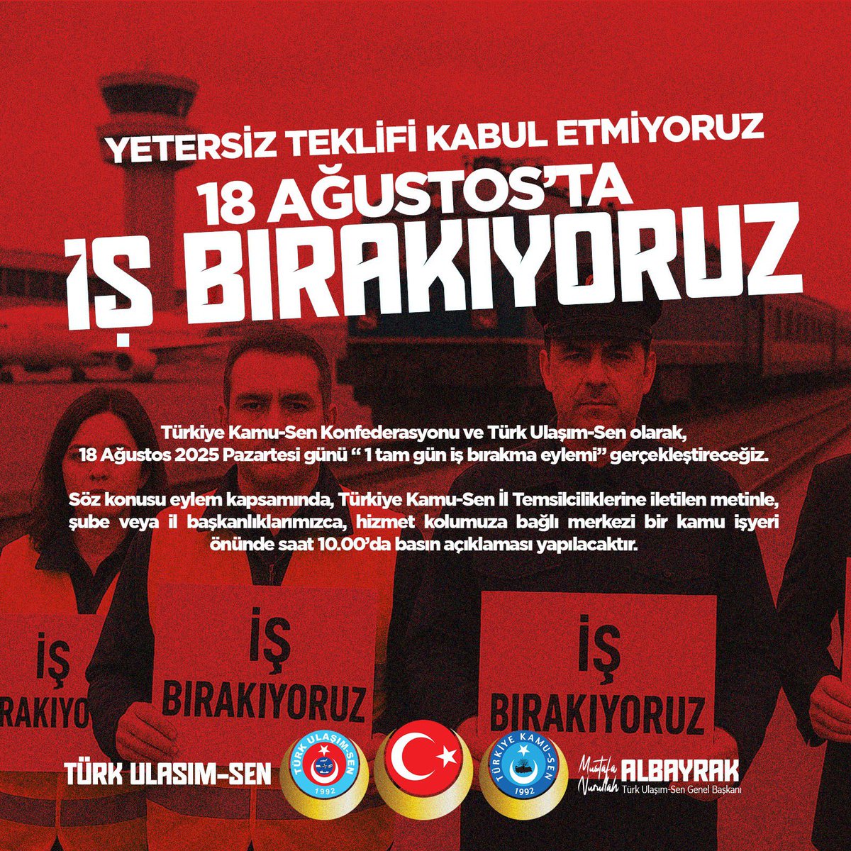 Pazartesi günü tüm kamu çalışanlarımızı, seslerini duyurmak, sorunların çözümüne odaklanılmasını sağlamak ve üretimden gelen gücünü kullanmak üzere iş bırakmaya davet ediyoruz. #MemurHakkınıİstiyor