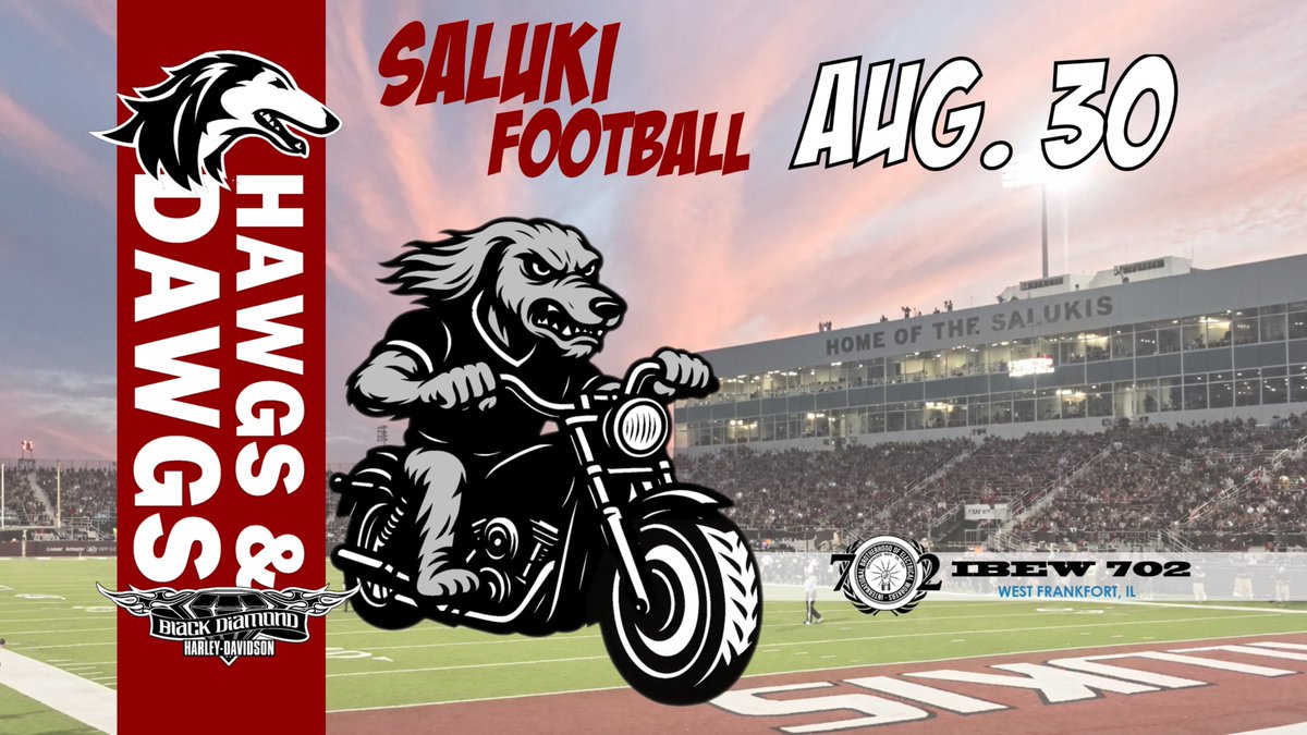 Who's ready for Hawgs &amp; Dawgs as we open the <a href="/SIU_Football/">Saluki Football</a> season at 6 p.m. Saturday, Aug. 30, at Saluki Stadium? 

Here's what you do:
🔗 Click here: siusalukis.com/promo
🎟️ Get a ticket for $10 or
👕 Get a ticket &amp; T-shirt for $20

Ride your Hawg. Cheer on the Dawgs. Let's