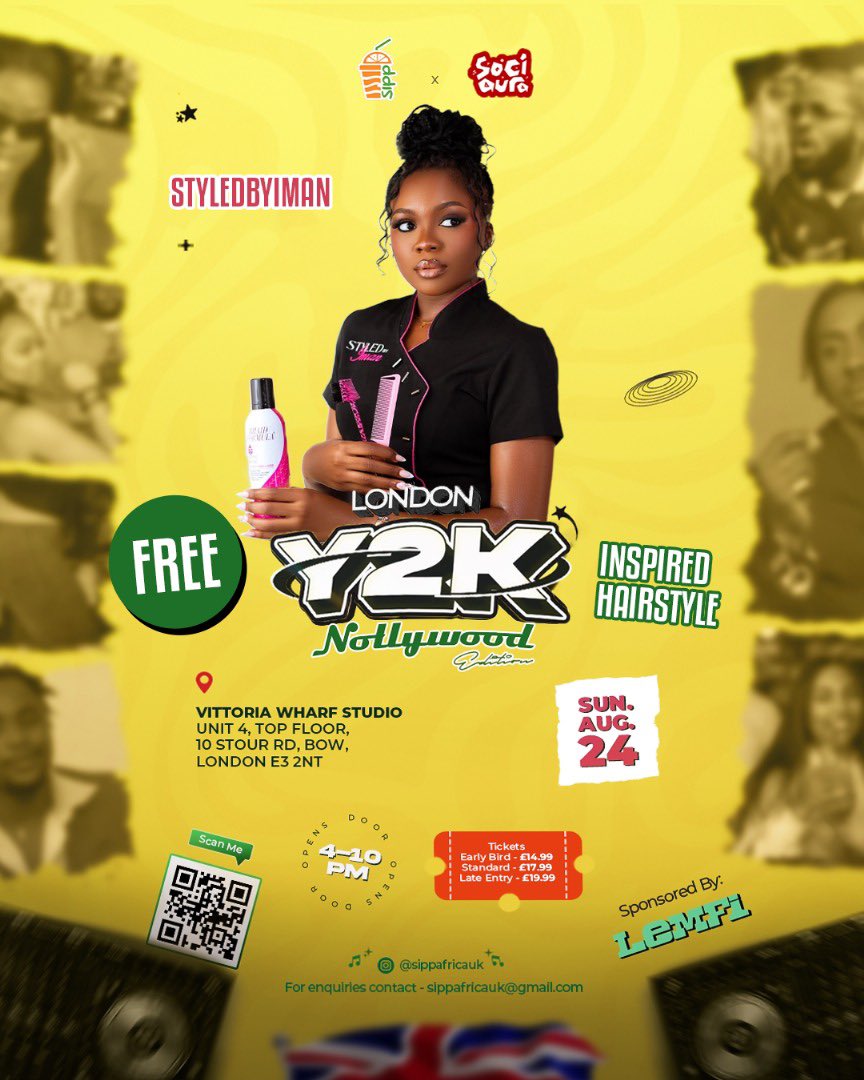 sociauraHQ's tweet photo. We're teaming up with @styledbyiman (IG) to give a 2 lucky Babes a FREE Y2K-inspired hairstyle ahead of the Y2K Nollywood Party

For enquiries contact - sippafricauk@gmail.com
Hair appointment: Before Aug 24
London
Event: Sun, Aug 24 - Vittoria Wharf Studio https://t.co/xteLuExxPx