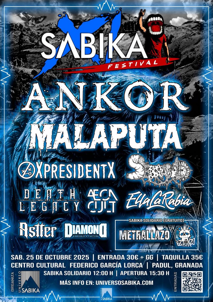 💥 ¡ @SabikaFestival XI Edición! 💥

🗓️ Sábado 25 de Octubre de 2025
📍 Centro Cultural Federico García Lorca, Padul (Granada)
⌚ Desde las 12:00 h
🎶 ¡Más de 12 horas de música rock en directo!

🎟️ ¡Entradas y más info! 
👉 linktr.ee/UniversoSabika