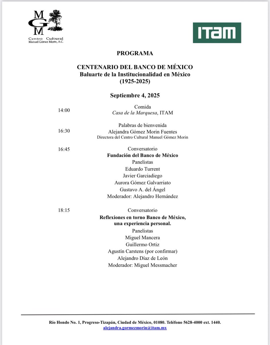 En medio del vacío del <a href="/Banxico/">Banco de México</a>, muy bien por esta iniciativa del <a href="/ITAM_mx/">ITAM</a> para celebrar el centenario de nuestro Banco Central.