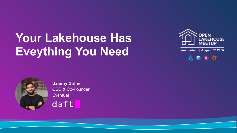 Delta Lake (@deltalakeoss) on Twitter photo 🇳🇱 Join us in Amsterdam on August 27 for the Open Lakehouse Meetup!
Discover how your lakehouse is ready for production-scale multimodal ML pipelines in "Your Lakehouse Has Everything You Need" with <a href="/Sammy_Sidhu/">Sammy Sidhu</a>, CEO & Co-Founder of Eventual!
See how to process millions of 🇳🇱 Join us in Amsterdam on August 27 for the Open Lakehouse Meetup!
Discover how your lakehouse is ready for production-scale multimodal ML pipelines in "Your Lakehouse Has Everything You Need" with <a href="/Sammy_Sidhu/">Sammy Sidhu</a>, CEO & Co-Founder of Eventual!
See how to process millions of