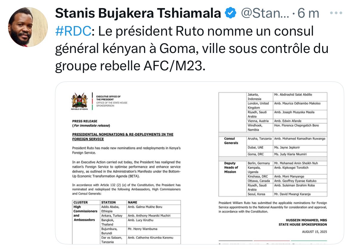 #RDC🇨🇩

1/ Juillet : Ouverture de la frontière Ouganda 🇺🇬- RDC  à Bunagana territoire AFC/M23. 

2/ Août : Le président <a href="/WilliamsRuto/">William Samoei Ruto, PhD</a> 🇰🇪 nomme un consul général kényan à #Goma territoire AFC/M23. 

Que devons-nous conclure ?