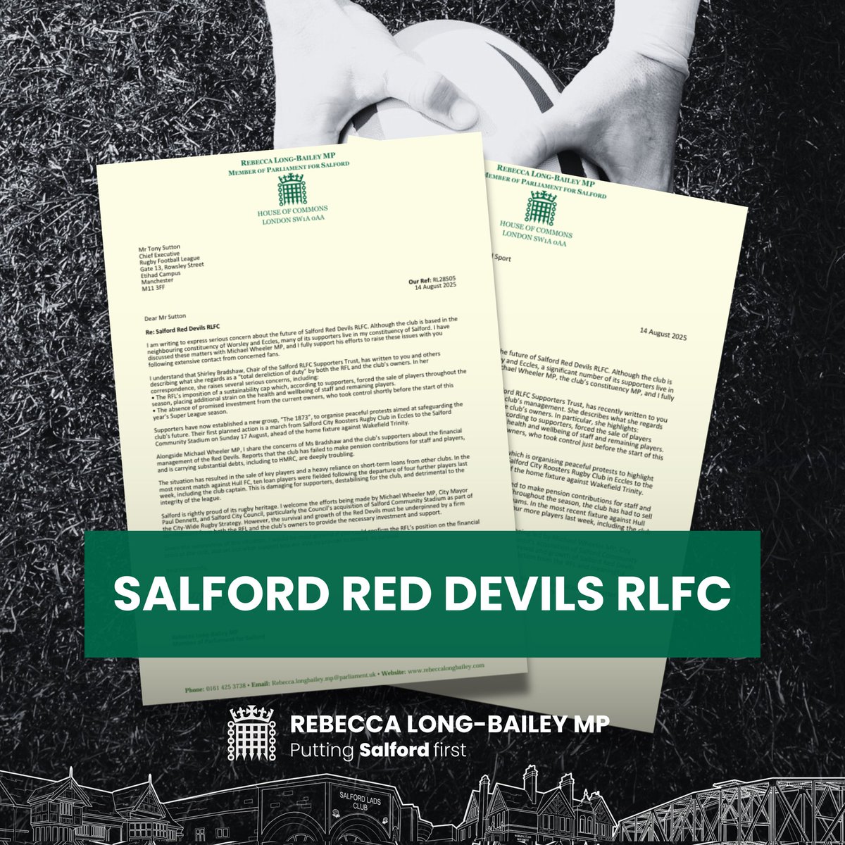 RLong_Bailey's tweet photo. I’ve written to the Rugby Football League’s Chief Executive and the Culture Secretary over the future of Salford Red Devils RLFC. I back Michael Wheeler MP and Mayor Paul Dennett’s and fans calls to support and save the club. The club needs urgent action, investment and support. https://t.co/WbA4uR3tUL