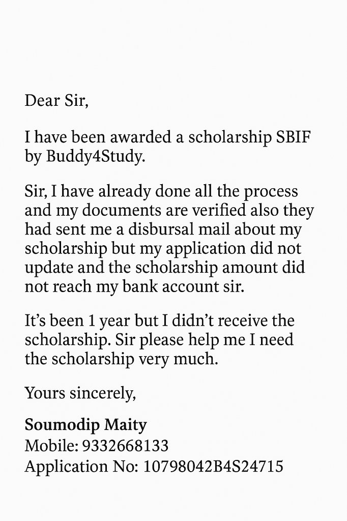 maity85649's tweet image. 1 year. Verified. Approved. Still unpaid. I need my scholarship. Sir please help me I need the scholarship very much for my studies . #SBIF #Buddy4Study #ScholarshipDelay
@Buddy4Study @TheOfficialSBI