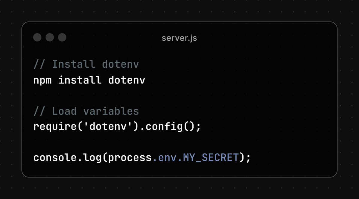 SRProgramist's tweet photo. Power of .env in Node.js
🛑Stop hardcoding secrets! Use .env for API keys, DB URIs &amp; configs.

✅Why: Security, flexibility, portability.
💡Add .env to .gitignore.

You use it?
#NodeJS #MERNStack #Dotenv #EnvironmentVariables #SRProgramist https://t.co/HXfQqsqyfh