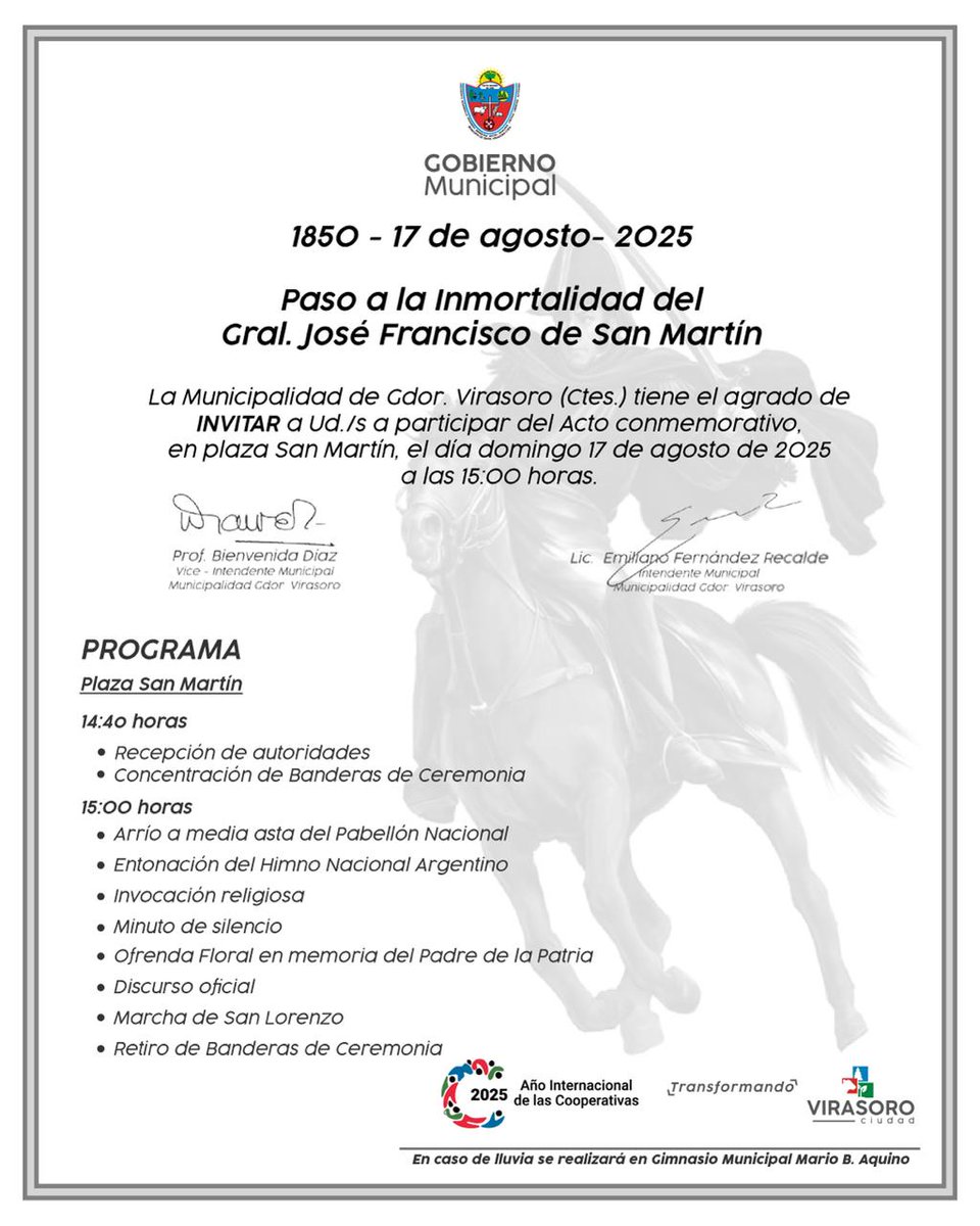 VirasoroMuni's tweet photo. 🔵 Te invitamos a participar del Acto Conmemorativo por el Paso a la Inmortalidad del Gral. José Francisco de San Martín. 🇦🇷 

🔹En caso de lluvia el mismo se trasladará al Gimnasio Municipal Mario B. Aquino. https://t.co/wYKpT68QBY
