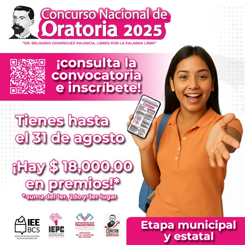 🗣️Participa en el Concurso Nacional de Oratoria “Dr. Belisario Domínguez Palencia. Libres por la palabra libre", en su etapa municipal y estatal.      
Consulta las bases en:
ieebcs.org.mx/documentos/Con…