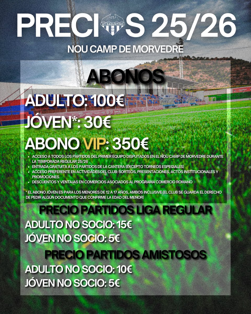 AtcoSaguntino's tweet photo. 🎟️ Abonos 25/26
Vive toda la temporada en el Nou Camp de Morvedre 🏟️

🔴 Adulto: 100€
🔵 Joven (12-17): 30€
🏛️ VIP: 350€

⚔️ ¡Hazte romano y entra en la arena!

#AbonosSaguntino #EntrenalaArena #OrgulloRomano https://t.co/oCmjQDhJQA