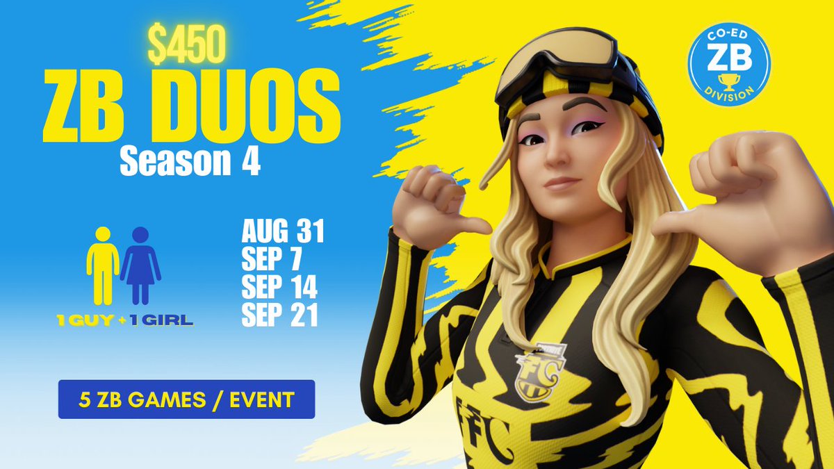Co-Ed Zero Build Division (@coed_zbd) on Twitter photo 🔥 $450 Co-Ed ZBD Season 4 — Duos Sign-Ups LIVE!
👫 1 Guy + 1 Girl
🗓 Every Sunday • 2 PM EST • Starts Aug 31
3 Steps to Get Selected:
1️⃣ Like + RT
2️⃣ Follow <a href="/coed_zbd/">Co-Ed Zero Build Division</a>
3⃣ Tag your duo in comments
📩 If selected, you’ll receive a DM from us
👇 More details in the 🔥 $450 Co-Ed ZBD Season 4 — Duos Sign-Ups LIVE!
👫 1 Guy + 1 Girl
🗓 Every Sunday • 2 PM EST • Starts Aug 31
3 Steps to Get Selected:
1️⃣ Like + RT
2️⃣ Follow <a href="/coed_zbd/">Co-Ed Zero Build Division</a>
3⃣ Tag your duo in comments
📩 If selected, you’ll receive a DM from us
👇 More details in the