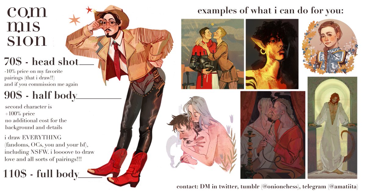 onionchess's tweet photo. 🧡 COMMISSION OPEN 🧡

Hello friends! I'm opening commissions because I really need money now and I'll be happy to work with you and your ideas! 🤗🤭

also you can DM me in discord - @/amatiita

BIG THANKS if you repost 🙏 https://t.co/8vJlwbqVVd