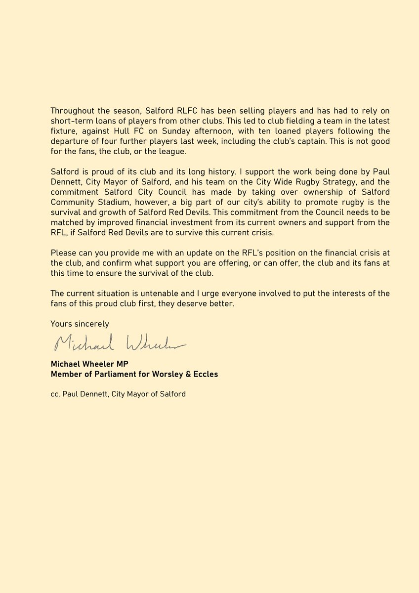 🚨Standing With Salford Red Devils🚨

I have written to Lisa Nandy MP and the RFL to highlight serious issues threatening the club.

The last couple of days have only gotten worse and I'm meeting the RFL next week.

Salford fans deserve better &amp; immediate action is needed.