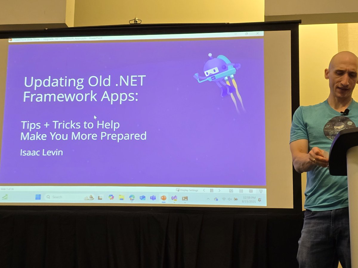 Meniouss's tweet image. Learning about upgrading .NET framework from @isaacrlevin at #kcdc2025...when the projector works.