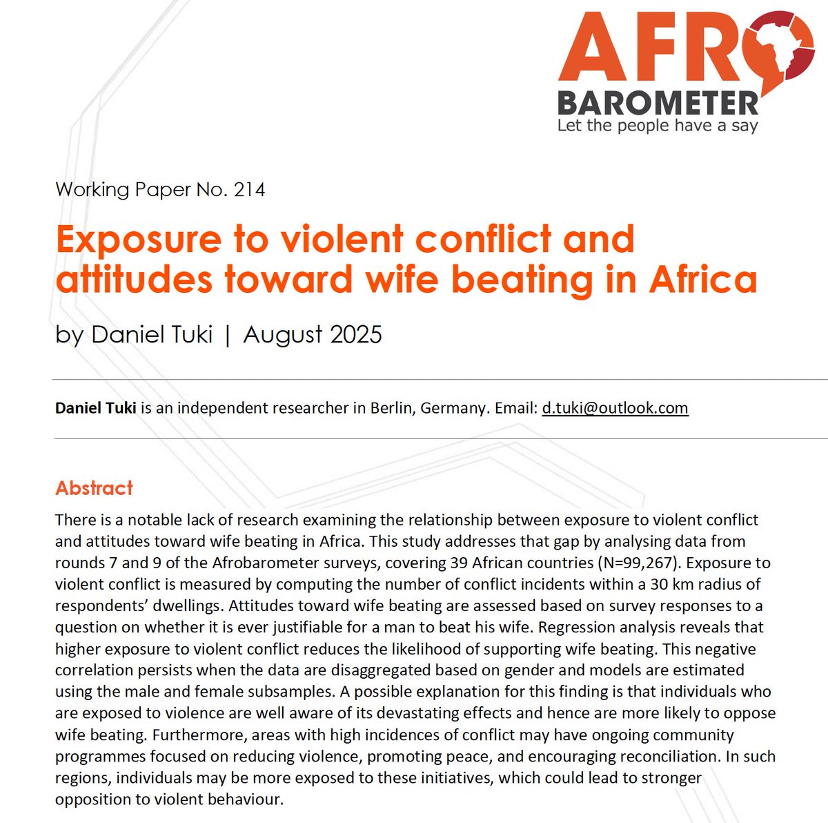 Working Paper: In contrast to most research on intimate partner violence, my findings show that among Africans, greater exposure to violence is associated with lower tolerance for wife-beating. I discuss this in my new publication [Link below]
afrobarometer.org/publication/wp…