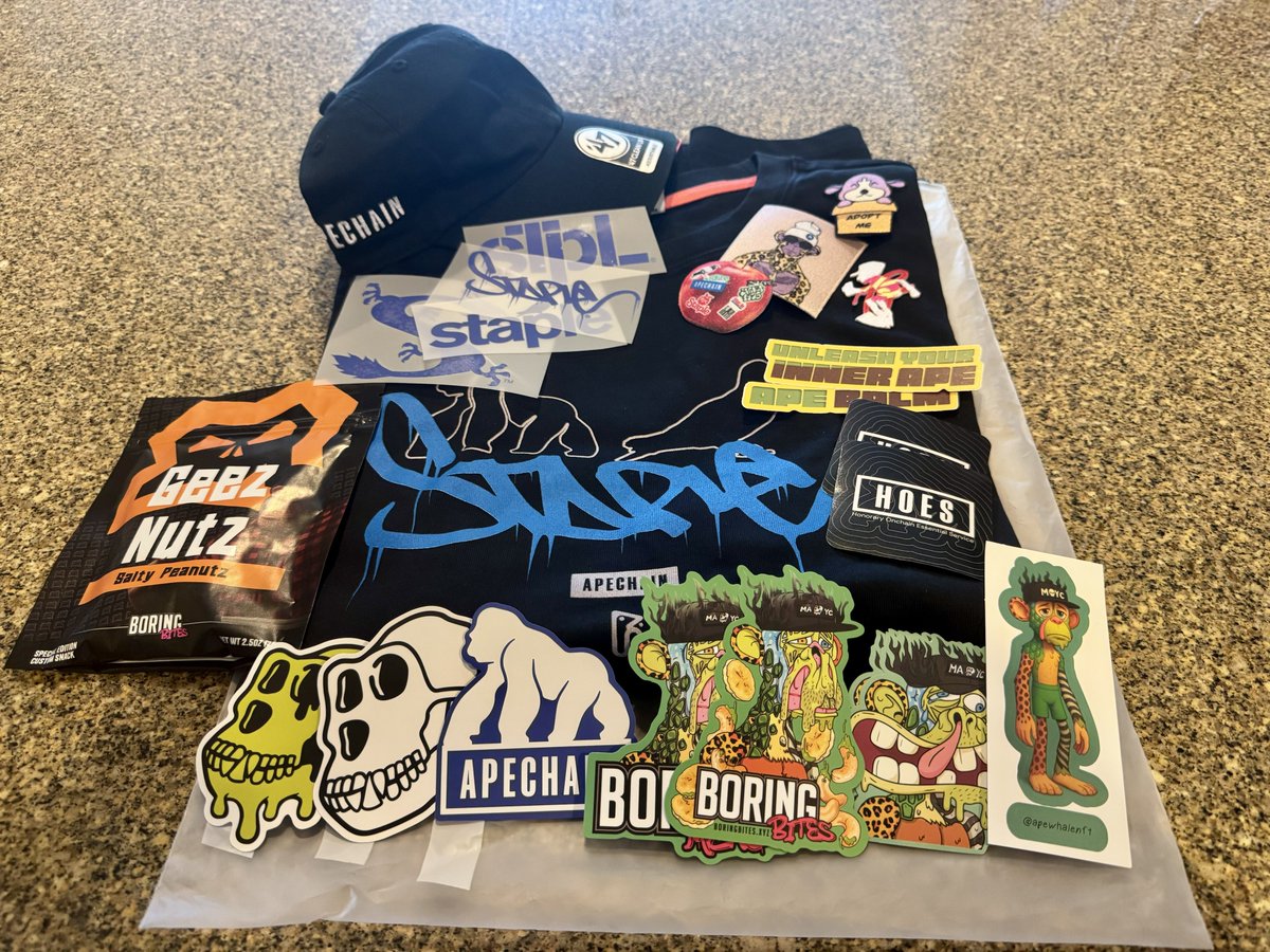 Just got an absolutely goated package from <a href="/ApewhaleNFT/">Apewhale 🍌</a> 

<a href="/stapleverse/">STAPLEVERSE</a> x <a href="/ApeChainHUB/">ApeChainHUB</a> shirt &amp; hat with patches, <a href="/GeezOnApe/">GeezOnApe</a> Nutz, stacked sticker pack and more

Much appreciated fam!