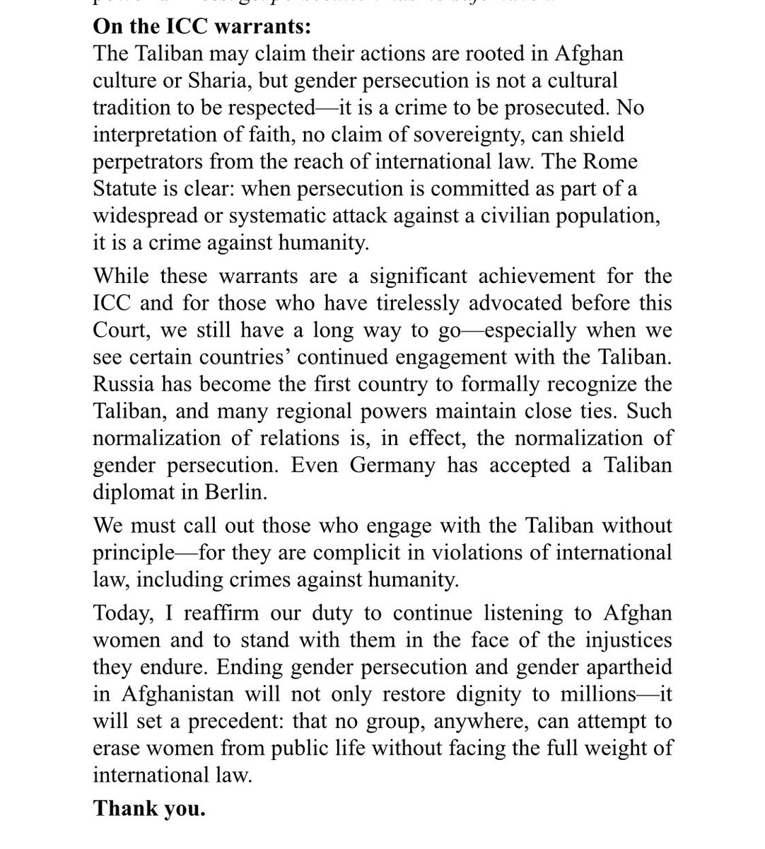 NazifaHaqpal's tweet photo. Today @LSE_WPS, Professor @joannalewisnews hosted an event on Afghanistan, where I had the honour of speaking alongside Anton Steynberg, Senior Trial Lawyer at the @ICC, about the arrest warrants issued for the Taliban’s leaders.

In my remarks, I said:

Four years ago, the Taliban’s return to power marked a turning point in history—a dark day for Afghanistan, and a test for the global conscience. Yet today, while we remember that darkness and the restrictive policies imposed on women to entrench gender inequality and reshape power dynamics, we also honour the resilience of Afghan women and the determination of their allies—who have worked together to pursue justice, using the law as a powerful instrument to confront the gravest injustices of our time. The @ICC arrest warrants demonstrate that the Taliban’s leaders will not escape justice, and these warrants will remain in force for as long as they live.

The full speech and a short video excerpt are below.