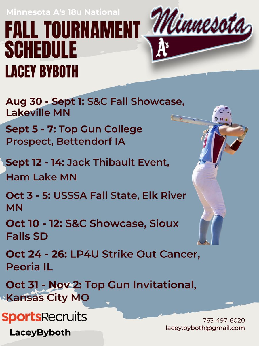 Lacey Byboth 2026 (@laceybyboth10) on Twitter photo Here's my schedule for this fall. Super excited to get back on the field with a new group of people!
<a href="/rclick09/">Rachael Click</a> <a href="/FrackAttack22/">Melissa Fracker</a> <a href="/ChoiceFastpitch/">Choice Fastpitch</a> <a href="/lakewags34/">Lakyn Krizan</a> <a href="/jimmieboot/">Kevin Gall</a> <a href="/amdumonceaux/">Alicia du'Monceaux</a> Here's my schedule for this fall. Super excited to get back on the field with a new group of people!
<a href="/rclick09/">Rachael Click</a> <a href="/FrackAttack22/">Melissa Fracker</a> <a href="/ChoiceFastpitch/">Choice Fastpitch</a> <a href="/lakewags34/">Lakyn Krizan</a> <a href="/jimmieboot/">Kevin Gall</a> <a href="/amdumonceaux/">Alicia du'Monceaux</a>