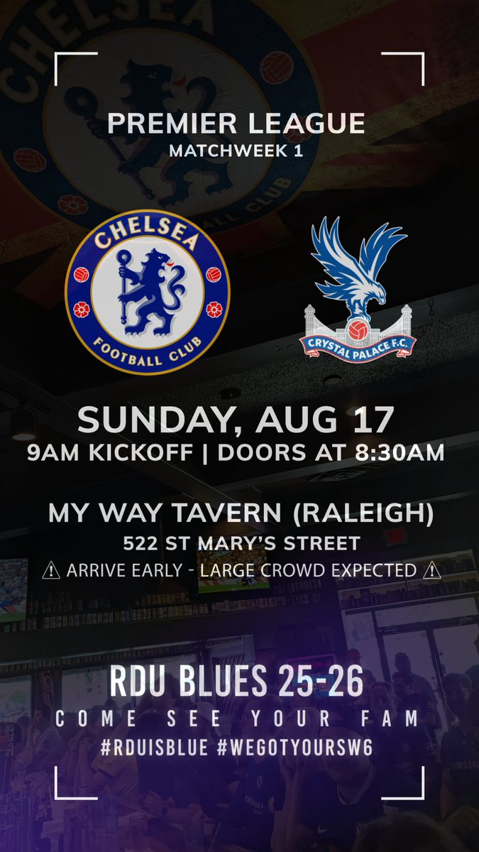 New season, same us. Time to show back up.
Tell us you're attending at the link in bio. (Always for headcount only; never a ticket.)

🏆 #PremierLeague
⚽ @chelseafc v @cpfc
📆 Sunday, Aug. 17
🕘 9 a.m. Doors at 8:30
🍻 @mywayraleigh
#rduisblue #wegotyoursw6 #ktbffh #chelseafc