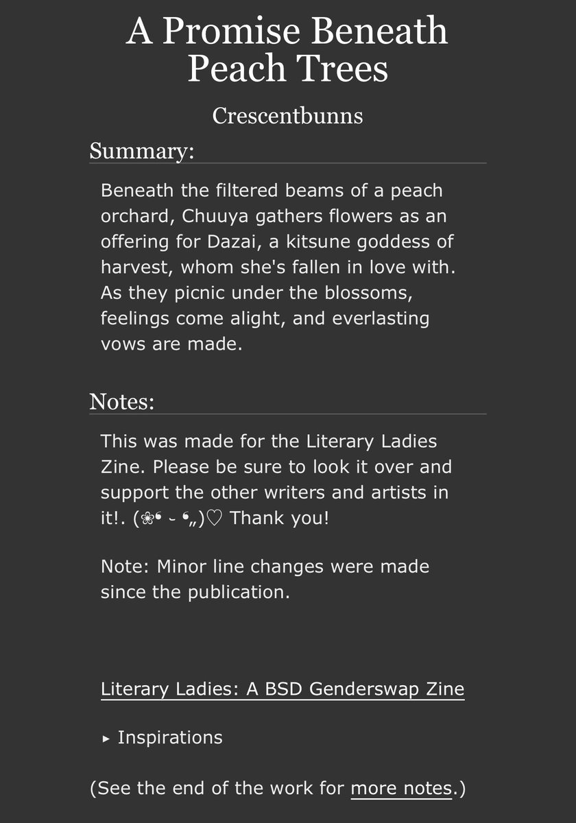 A Promise Beneath Peach Trees 🌸 Now out on ao3! Written for <a href="/literaryladiesZ/">Literary Ladies - a Genderswap BSD Zine</a> 

#bsd #bsdtwt #skk #genderswap 

archiveofourown.org/works/69087206